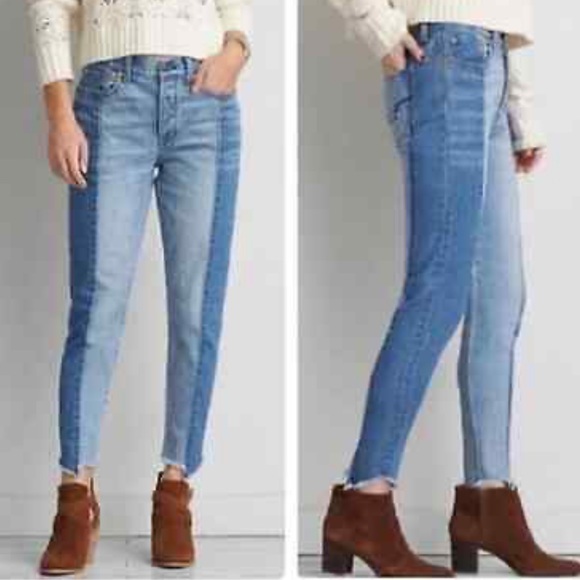 AMERICAN EAGLE Vintage Hi-Rise two-tone Jeans Button fly Chewed hem Rigid denim - Picture 1 of 8